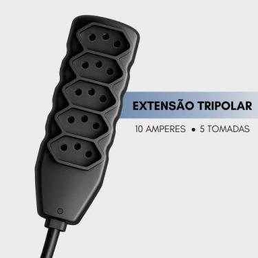 Imagem de Extensão Reforçada Tripolar 5 Tomadas 10 Amperes 10 Metros Preto - For