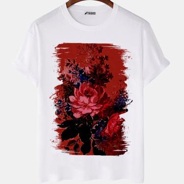 Imagem de Camiseta masculina Flores Floral Papel de Parede Arte Camisa Blusa Branca Estampada