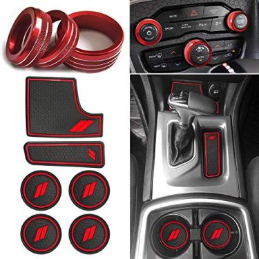 Imagem de Tapetes e acabamentos antipoeira Auovo para Dodge Charger Acessórios 2015-2021 6 peças porta-copos para carro com console central e 3 peças de liga de alumínio para controle de rádio volume de ar condicionado (vermelho)