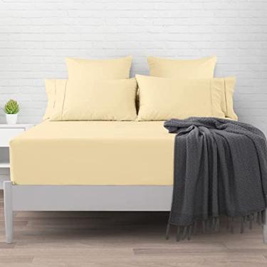 Imagem de Pizuna Lençol king com elastico Amarelo Claro, 400 fios de algodão 100% sateen de fibra longa Lencol de elastico king 197x204 cm para colchoes ate 40 cm - 1 peça