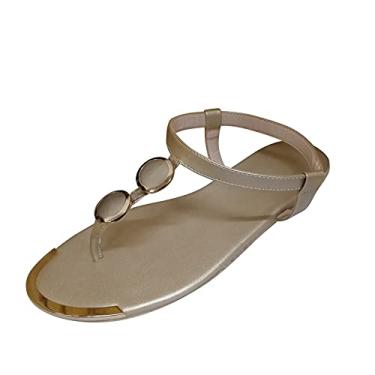 Imagem de Sandálias planas femininas com tira sandálias femininas de dedo do pé com fivela chinelos casuais romanos verão sandálias abertas femininas, Dourado, 8