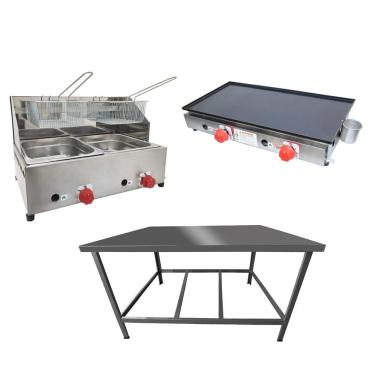 Imagem de Kit Lanchonete Mesa de Manipulação 100x55cm + Fritadeira a Gás 2 Cuba + Chapa a Gás 60cm Alcamar