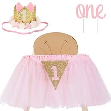 Imagem de Saia tutu de cadeira alta com coroa numero 1 - decoracoes de aniversario para bebes meninas - faixa de primeiro aniversario, coroa de princesa e topo de bolo "One" em rosa e dourado