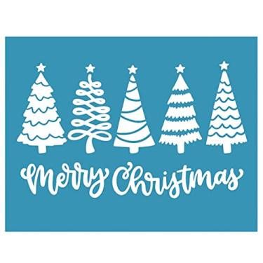 Imagem de IKASEFU Estêncil de tela de seda de Natal DIY autoadesivo reutilizável rena padrão de árvore de natal transferências de malha estêncil para decoração de casa artesanato camiseta móveis quadro negro de parede, azul