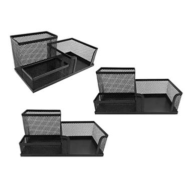 Imagem de Kit 3 Organizador De Mesa Escritório Porta Caneta Cartão Treco de Metal 3 Divisórias Preto