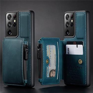 Imagem de Capa de couro flip vintage para Samsung Galaxy S22 Plus S21 FE S20 Ultra Note 20 10 Zip Wallet Card Slot Phone Case, Azul, para Samsung A52 (52S)