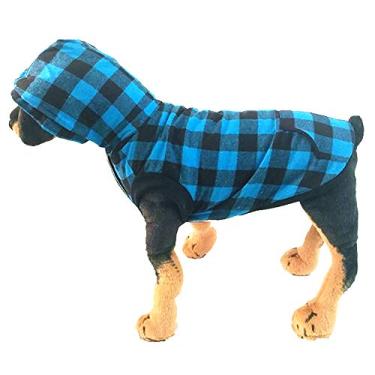 Imagem de Yajun Roupas para cães jaqueta de inverno aconchegante casaco forrado de lã capuz removível xadrez outwear vestuário quente para cães pequenos, médios grandes, azul, G