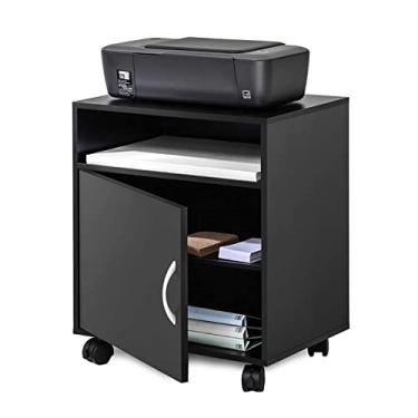 Imagem de KIZQYN Suporte de impressora móvel suporte de impressora armário de armazenamento de escritório carrinho de trabalho multiuso de madeira sobre rodas fácil montagem preta impressora de mesa