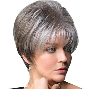 Imagem de Perucas curtas ombré com franja para mulheres brancas, perucas de cabelo humano em camadas pixie branco dégradé preto sintético shag com pente
