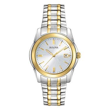 Imagem de Bulova Relógio masculino clássico de dois tons de aço inoxidável com 3 ponteiros e calendário, data de quartzo: 98H18, Prata, Vestido