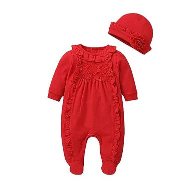 Imagem de Macacão infantil com penas para bebês meninos e meninas, macacão de manga comprida sólido para bebês meninas (vermelho, 0-3 meses)