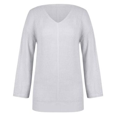 Imagem de Vestido feminino de cor sólida solto casual gola V comprimento médio suéter vestido maxi tule, Cinza, P