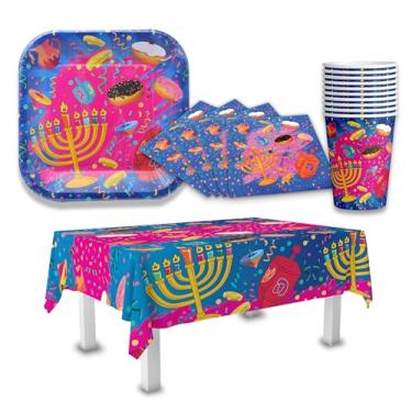 Imagem de Conjunto de produtos de papel Hanukkah – Mega Pacote – Serve 10 – Pratos, copos, guardanapos, toalha de mesa