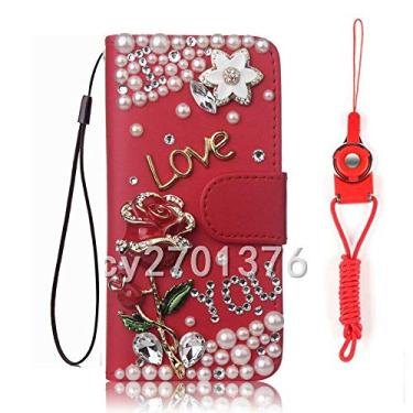 Imagem de HFICY Capa de telefone brilhante com 2 protetores de tela de vidro Pakc e cordão, capa de telefone carteira de couro brilhante feminina com suporte de filo (vermelho + flor rosa, para Nokia X30)