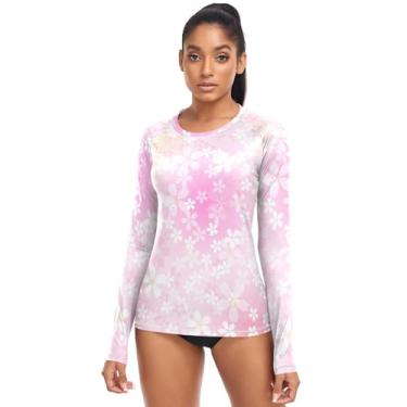 Imagem de KLL Camiseta feminina de natação Rash Guard da Flower White Pink com manga comprida FPS 50+, Flor, branco, rosa, P