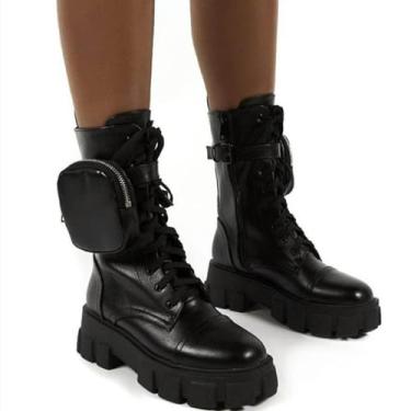 Imagem de Bota de bolso com cadarço botas femininas de tornozelo fivela alça preta sola grossa bota de tornozelo feminina sapato plataforma, Preto, 38 M EU
