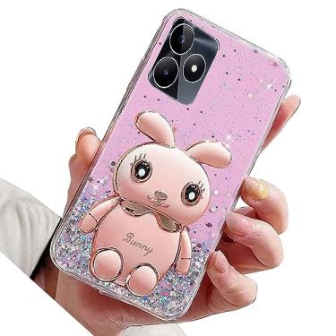 Imagem de Rnrieyta Miagon Rabbit Glitter Stand Case para Oppo Realme C53, capa protetora de TPU macio transparente brilhante fina à prova de choque com suporte de coelho fofo, rosa