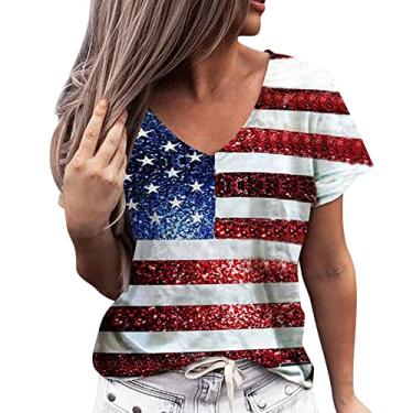 Imagem de Elogoog Camiseta Patriótica Bandeira dos EUA Camiseta Feminina Gola V 4 de Julho Patriótica Camiseta Leve Vermelha Branca Azul, Multicolorido #3, 3G