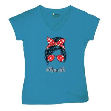 Imagem de Camiseta feminina Mom Life Messy Bun gola V moderna maternidade maternidade dia das mães mãe mamãe #Momlife camiseta, Turquesa, XXG