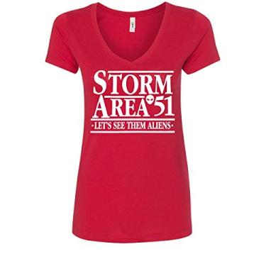 Imagem de Camiseta feminina gola V Storm Area 51 Let's See Them Aliens Area 51 Raid UFO Run, Vermelho, XG