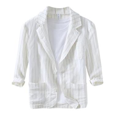 Imagem de UEAUY Blazer masculino casual esportivo casaco de linho listrado terno jaqueta blazer manga 3/4 terno diário, Branco, Medium