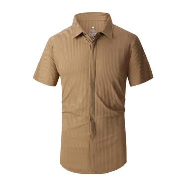 Imagem de SAMERM Camisa social masculina, sem rugas, absorção de umidade, 4 vias, alta elasticidade, supermacia, casual, abotoada, Camisa marrom com carcela oculta, P