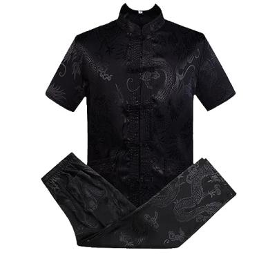 Imagem de Roupa masculina chinesa tradicional para homens, calças masculinas, camisetas orientais Cheongsam Tang Top, Conjunto curto preto, Small