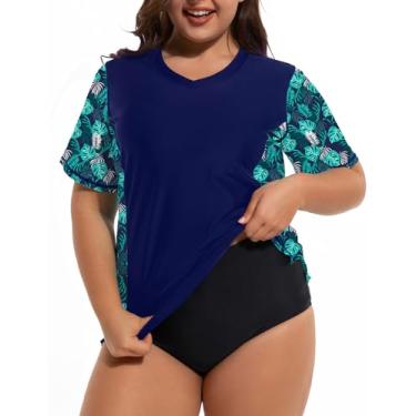 Imagem de Tournesol Camiseta feminina plus size Rash Guard com proteção solar UV manga curta roupa de banho, Estampa azul marinho, 5X