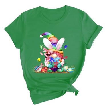 Imagem de Camiseta feminina Happy Easter Day manga curta Happy Bunny camiseta gola redonda moderna para mulheres 2024, Verde, 3G