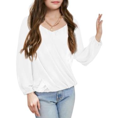 Imagem de Haloumoning Camisetas de manga comprida Lantern para meninas com babados cruzados, blusas plissadas de chiffon, Branco, 13-14 Anos