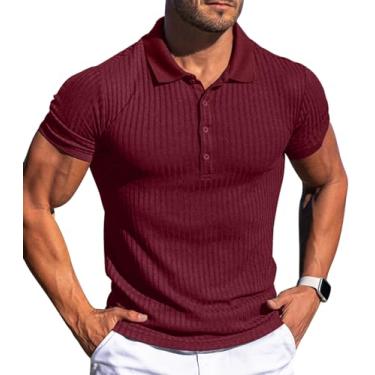 Imagem de Askdeer Camisas polo masculinas manga longa/curta slim fit camisas polo clássicas stretch camisetas de golfe, A06, vinho, vermelho, G