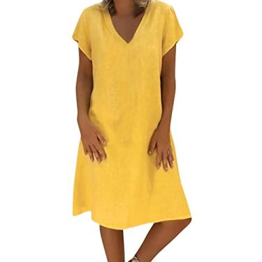 Imagem de Vestidos femininos de linho com gola V para verão outono manga curta midi ajuste solto praia vestidos havaianos 2024, J-810 Amarelo Mostarda, P