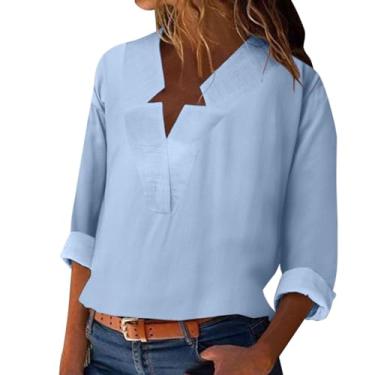 Imagem de Camiseta feminina, manga comprida, de linho, caimento solto, gola V, cor sólida, casual, túnica, verão, para sair, Azul claro, P