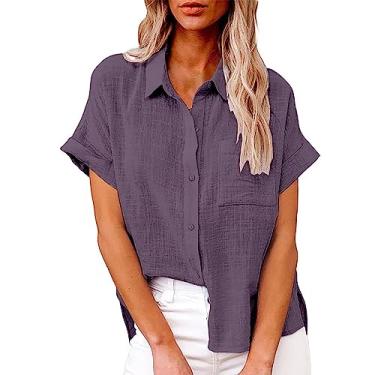 Imagem de Camiseta feminina de verão, de linho, manga curta, cor sólida, caimento solto, gola V, botão, túnica, Pp1, GG