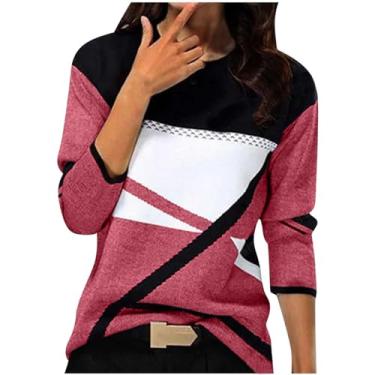 Imagem de Homisy Camisetas femininas modernas de manga comprida com patchwork color block top outono inverno blusas soltas e casuais, A#rosa choque, G