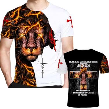 Imagem de Camisetas vintage hip hop cristãs góticas Jesus Cristo cruz impressão 3D camiseta animal leão manga curta roupas masculinas, Branco, XXG