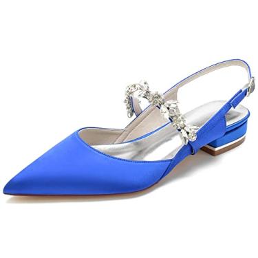 Imagem de HKMEI Sapatilhas femininas de cetim de bico fino para casamento para noiva confortáveis com strass sapatos de noiva formais fechados sandálias de balé, Azul royal, 11.5