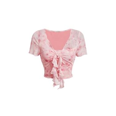 Imagem de Verdusa Camiseta feminina de malha com estampa floral de manga curta com laço frontal cropped casual de verão, rosa, PP
