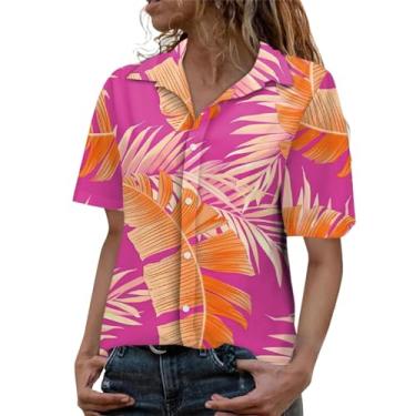 Imagem de Blusa feminina havaiana de botão, manga curta, estampa tropical, verão, praia, túnica casual, nº 28 - vermelho, G