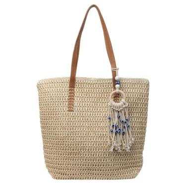Imagem de KARRESLY Bolsa feminina de palha de praia estruturada de tecido grande bolsa de vime de verão, Bege, Large