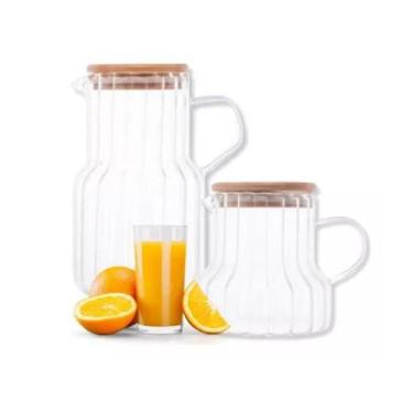 Imagem de Conjunto 2 Jarra de Vidro com Tampa de Bambu 1L e 500ml Lyor Suco e Le