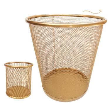 Imagem de Kit Lixeira Aramada Escritório E Porta Caneta Dourado Ouro - Markys St