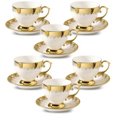 Imagem de LETAOTAO Conjunto de 6 xícaras de chá e pires, xícara de café turco de cerâmica de 200 ml com acabamento dourado para cappuccino, latte, mocha, au lait, expresso duplo, branco