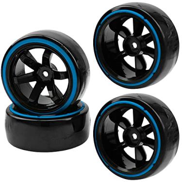 Imagem de HIRCQOO 1/10 RC Drift Car Tires Hard Plastic Tyre & 12mm Hex Hub Wheel Rims 6 Spoke Compatible with Traxxas HSP Tamiya Kyosho HPI Redcat Racing MST 1/10 On-Road RC Drift Drifting Car (Blue)