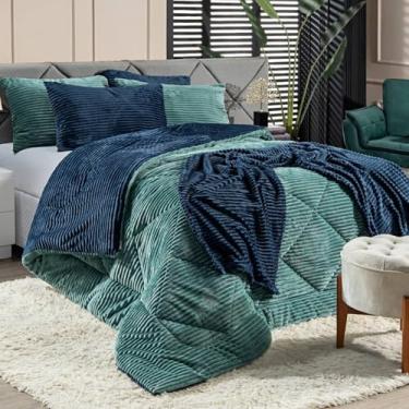 Imagem de Kit Coberdrom Edredom Canelado CASAL PADRÃO 03 Peças Dupla Face Denver com Fronhas - Cobertor Manta Mantinha Microfibra Canelada Listrada Quente Grosso Macio (Verde)