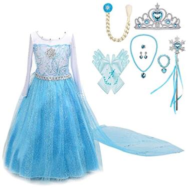Imagem de Dressy Daisy Vestidos de fantasia de princesa do gelo para meninas de aniversário, dia das bruxas, Natal, roupa de festa extravagante com cauda fixa longa e acessórios tamanho 12 estilo F