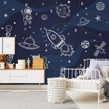 Imagem de Papel de Parede Azul Menino Espaço Foguete Infantil 9m² - Quartinhos