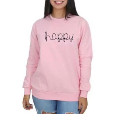 Imagem de Moletom Gola Redonda Happy Blusa Tumblr Feliz - SEMPRENALUTA , Rosa, P
