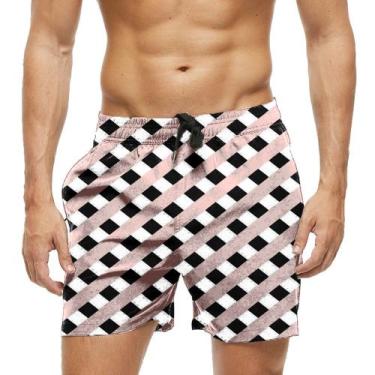 Imagem de Short Praia Shorts Banho Bermuda Verão Xadrez Traços Preto Bege 611 - 