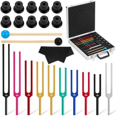 Imagem de Fiada Conjunto de diapasões de chacra com 8 diapasões médicos multicoloridos para cura com caixa de alumínio, pano de limpeza, chave inglesa e martelo de diapasão para meditação de ioga sonora (174